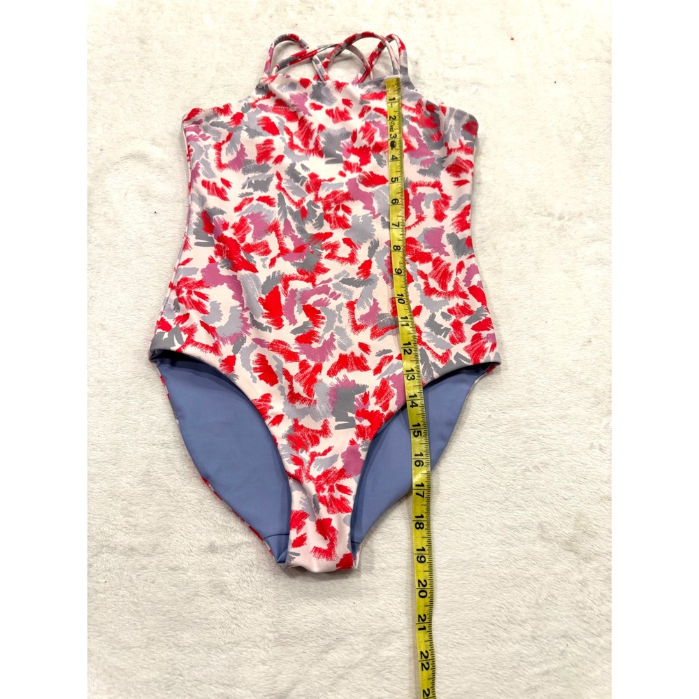 Zella Girls Size 12 One Piece Reversible Swimsuit Abstract Red Purple High Neck - Picture 3 of 6